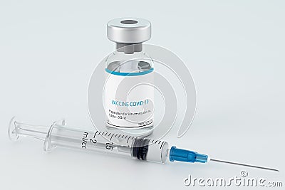 Bottle with a new, modern single-component vaccine against the coronavirus CAVID-19 SARS-CoV-2. A syringe filled with an Stock Photo