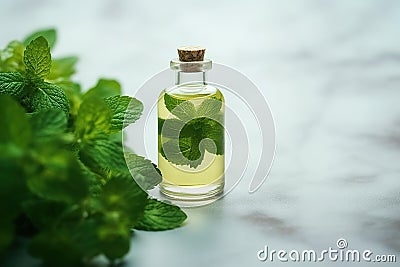 Bottle of oil with green leaves. Essential oil of peppermint in bottle with fresh green. Stock Photo