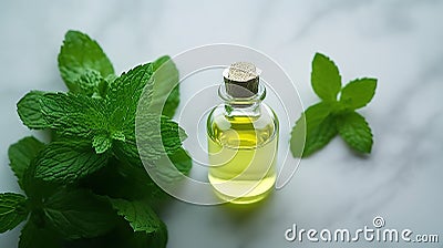 Bottle of oil with green leaves. Essential oil of peppermint in bottle with fresh green. Stock Photo