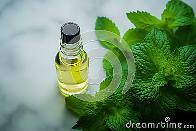 Bottle of oil with green leaves. Essential oil of peppermint in bottle with fresh green. Stock Photo