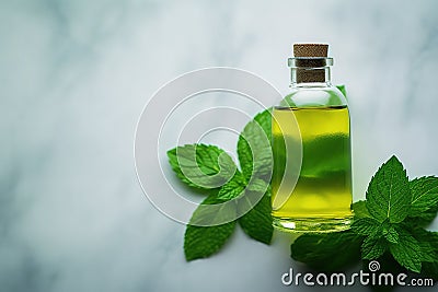 Bottle of oil with green leaves. Essential oil of peppermint in bottle with fresh green. Stock Photo