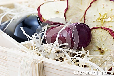 Bottle of old red wine in gift wooden box Stock Photo