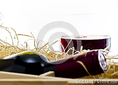 Bottle of old red wine in gift wooden box Stock Photo