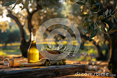 Bottle of olive oil and fresh olives set on a wooden table amidst an olive grove at sunset Stock Photo