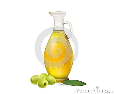 Bottle of olive oil with green olives Vector Illustration