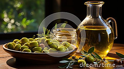 Bottle of olive oil, next to a bowl of olives Stock Photo