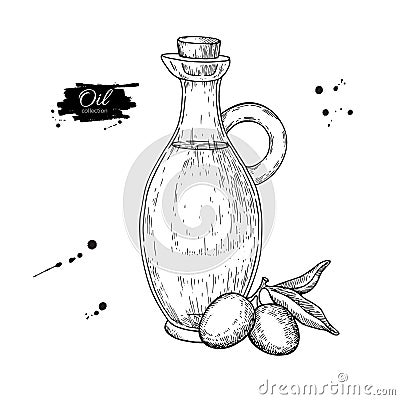 Bottle of olive oil and olive branch. Vector Hand drawn illustration. Glass pitcher vintage Vector Illustration