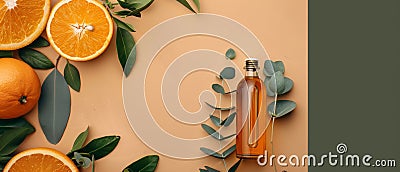 Bottle of Orange Juice Surrounded by Oranges and Leaves Stock Photo