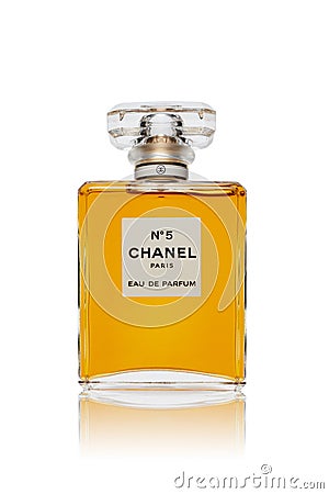 Bottle of perfume Chanel â„– 5. on white background. Coco Chanel Editorial Stock Photo