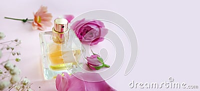 bottle perfume flower fragrance on a colored background aromatherapy Stock Photo