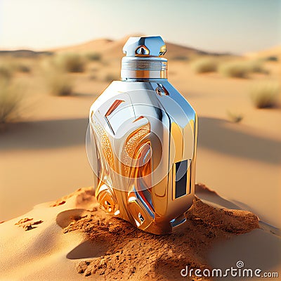 Bottle of perfume in sand. Yellow sand on the beach, man or woman unisex cosmetics. Stock Photo