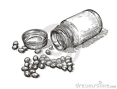 Hand drawn bottle with pills. Pharmacy, medicine concept. Sketch vector illustration Vector Illustration