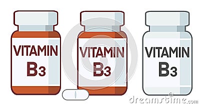 Bottle of pills, vitamin B3 supplement, Cartoon Illustration