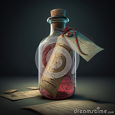 A bottle with pink liquid in it with labels on a dark background. Created with Generative AI Stock Photo