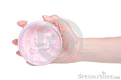 Bottle pink scrub for body in hand Stock Photo