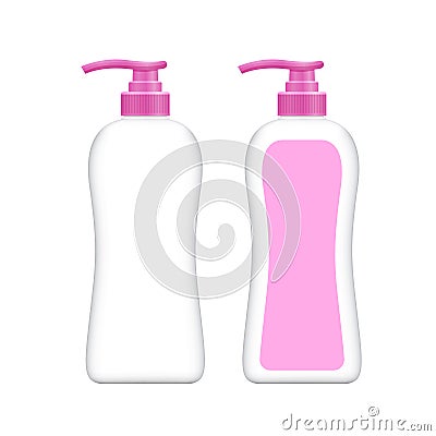 Bottle plastic and pink label, packaging liquid shower soap hygiene, mock-up bottle soap gel, bottle body soap gel or shampoo Vector Illustration