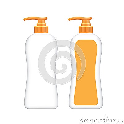 Bottle plastic and orange label, packaging liquid shower soap hygiene, mock-up bottle soap gel, bottle body soap gel or shampoo Vector Illustration