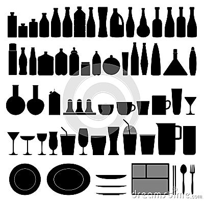 Bottle, plate, glass and cup collection - silhouette Vector Illustration