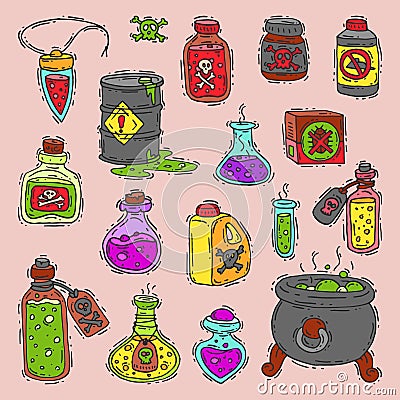 Bottle with potion game magic glass elixir poisoning toxic substance dangerous toxin drug container vector illustration Vector Illustration