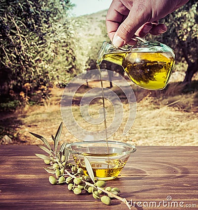 Bottle pouring cretan extra virgin olive oil in a bowl on wooden table at an olive tree field. Stock Photo