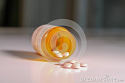 Bottle of Prescription Medication with some tablets Spilling out with a Soft Background. Stock Photo