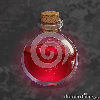 Bottle with red potion. Game icon of magic elixir. Bright design for app user interface. Vector Illustration