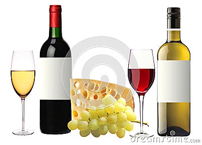 Bottle of red and white wine, glass and tasty cheese and grape Stock Photo