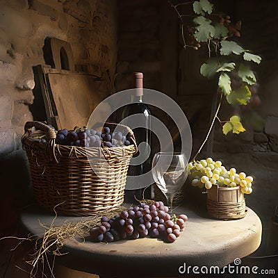 Bottle of red wine with bunches of grapes and awine glass on vintage wooden table. Winery interior with a basket of red and white Stock Photo