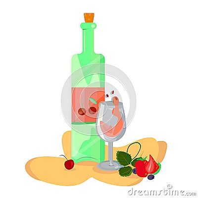 Bottle of red wine cherry flavor and glass. Vector Illustration