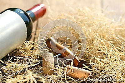 Bottle of red wine with corkscrew Stock Photo