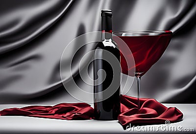 Bottle of red wine and flutters of red cloth on a black background Stock Photo
