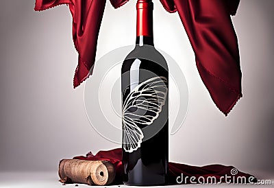 Bottle of red wine and flutters of red cloth on a black background Stock Photo