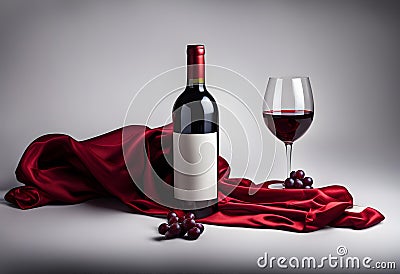 Bottle of red wine and flutters of red cloth on a black background Stock Photo