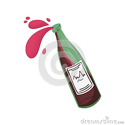 The bottle of red wine vector hand drawn illustration. Red wine pouring. Alcohol splashing. Vector Illustration