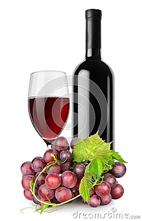 Bottle of red wine, wineglass and grapes Stock Photo