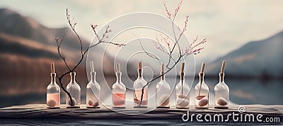 bottle tree beauty tree nature natural product branch closeup background cosmetic layout. Generative AI. Stock Photo