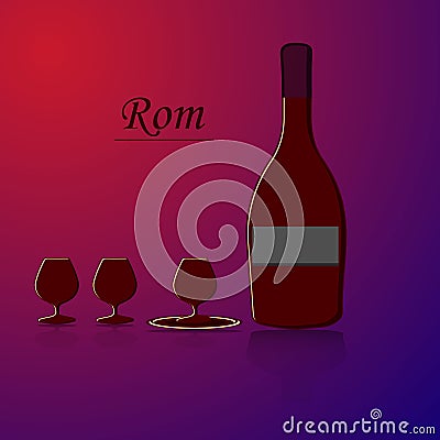 Bottle of rum and three wineglass, illustration on purple blue g Vector Illustration