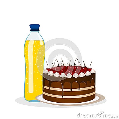 Bottle with soda and cake. Vector Illustration