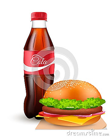 Bottle of soda. Fast food drink and burger. Vector Illustration