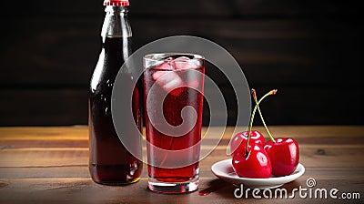 a bottle of soda and a glass of cherry soda on a table Stock Photo