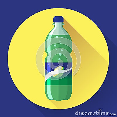 Bottle of soda with green lable, vector illustration. Flat stiyle. Vector Illustration