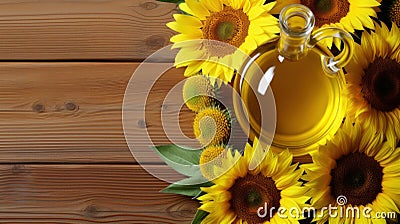 A bottle of sunflower oil next to a bunch of sunflowers. Generative AI image. Stock Photo