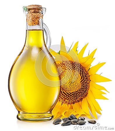 Bottle of sunflower oil, sunflower and seeds isolated on white background. The most popular of vegetable oils Stock Photo