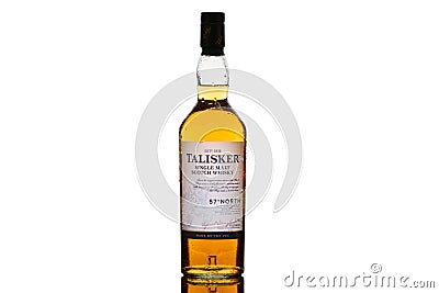 Bottle of Talisker 57Â° North Whisky on white background.Single Malt Scotch Whisky. Editorial Stock Photo