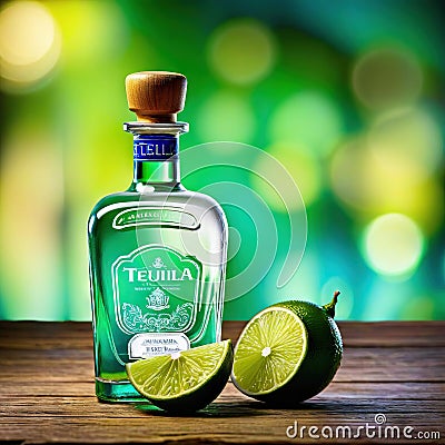 A bottle of tequila with a slice of lime on a wooden with a blurred background of a Mexican Cartoon Illustration