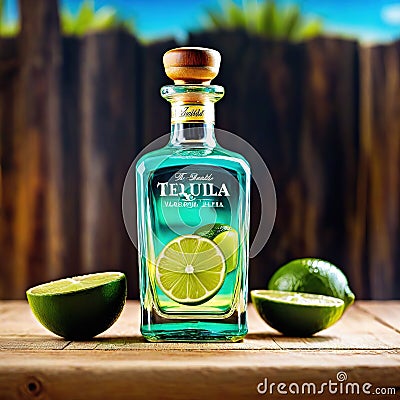 A bottle of tequila with a slice of lime on a wooden with a blurred background of a Mexican Cartoon Illustration