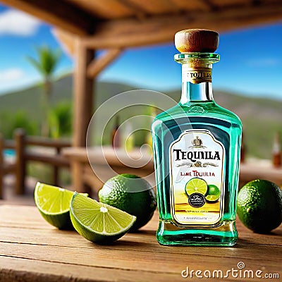 A bottle of tequila with a slice of lime on a wooden with a blurred background of a Mexican Cartoon Illustration