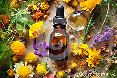 bottle of tincture of field medicinal herbs and flowers generative ai Stock Photo