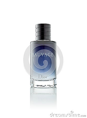 Bottle of toilet water Sauvage on white background. Christian Dior Editorial Stock Photo