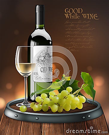 Bottle, glass of white wine and bunch of grapes on a wooden barrel. 3D vector. High detailed realistic illustration Vector Illustration